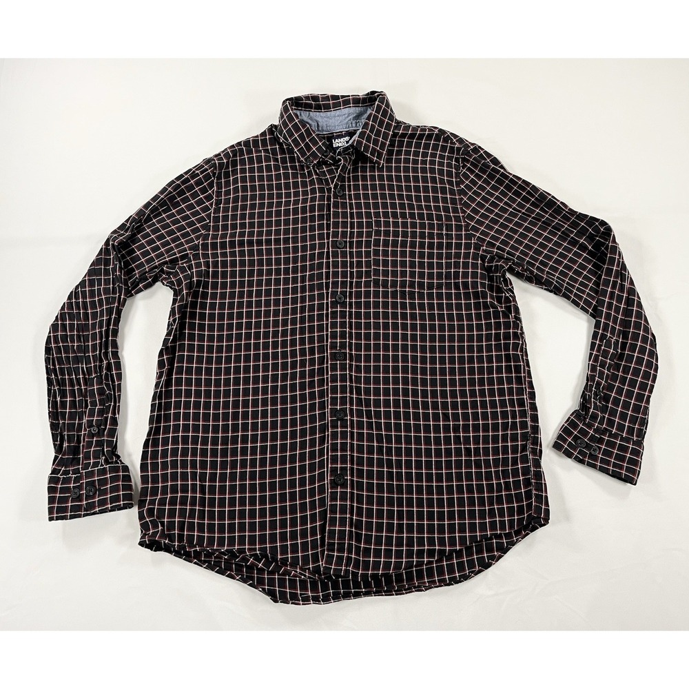 Lands' End Men's L Red Black Plaid Button Down Shirt Buttery Soft Brushed Twill